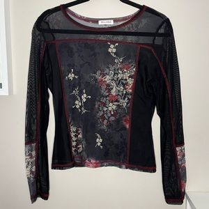 Black Mesh Long Sleeve Top with Floral Pattern Front